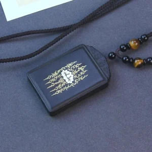 Sterling silver ebony wood lotus pendant necklace with black beaded cord and tiger's eye accents, handmade Buddhist spiritual jewelry