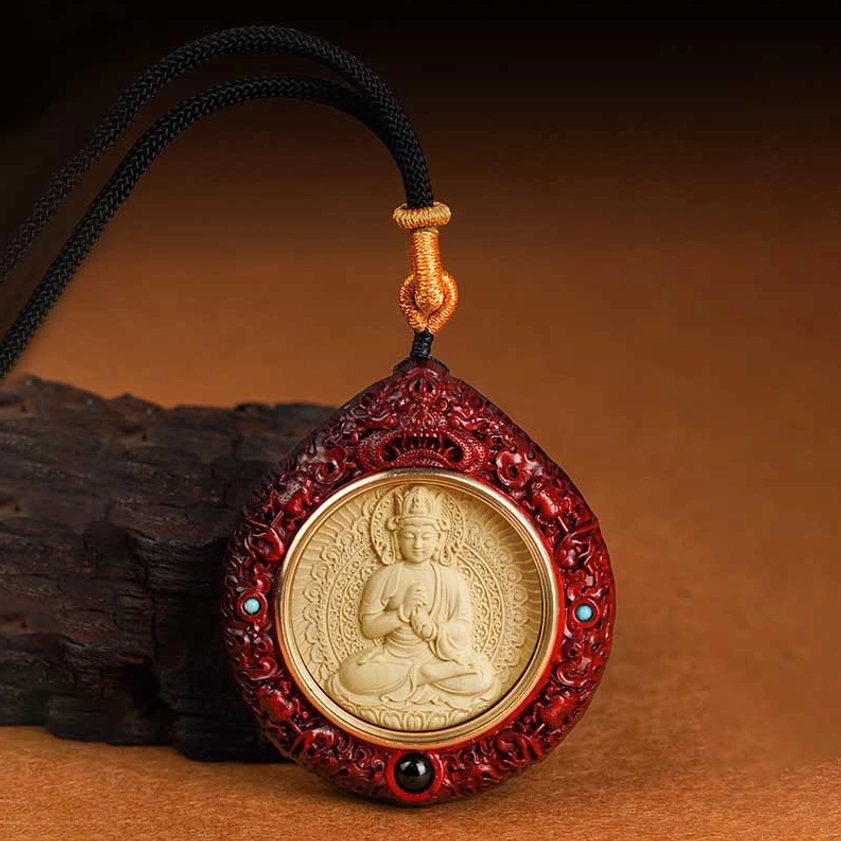 Ebony wood Rooster Acalanatha Buddha necklace pendant protector deity carved
