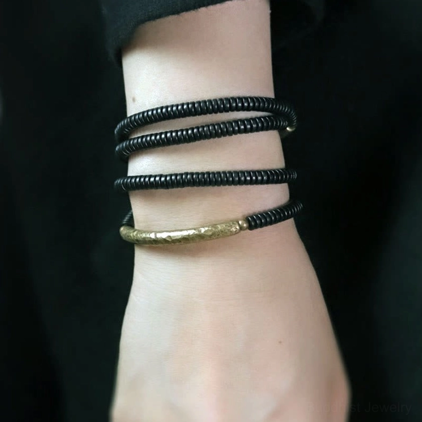 Natural ebony wood beaded bracelet with brass decorative elements unisex spiritual jewelry
