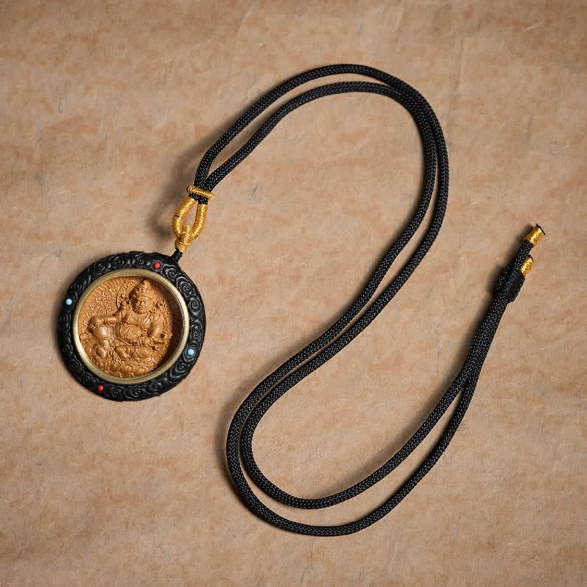 Ebony wood Buddhist pendant necklace complete set with braided black rope and gold toggle clasp