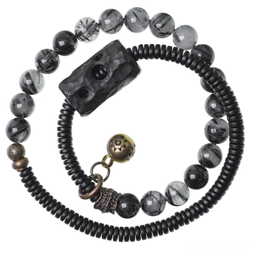 Ebony wood and copper Buddhist couple bracelet for grounding and spiritual protection, handcrafted artisan jewelry