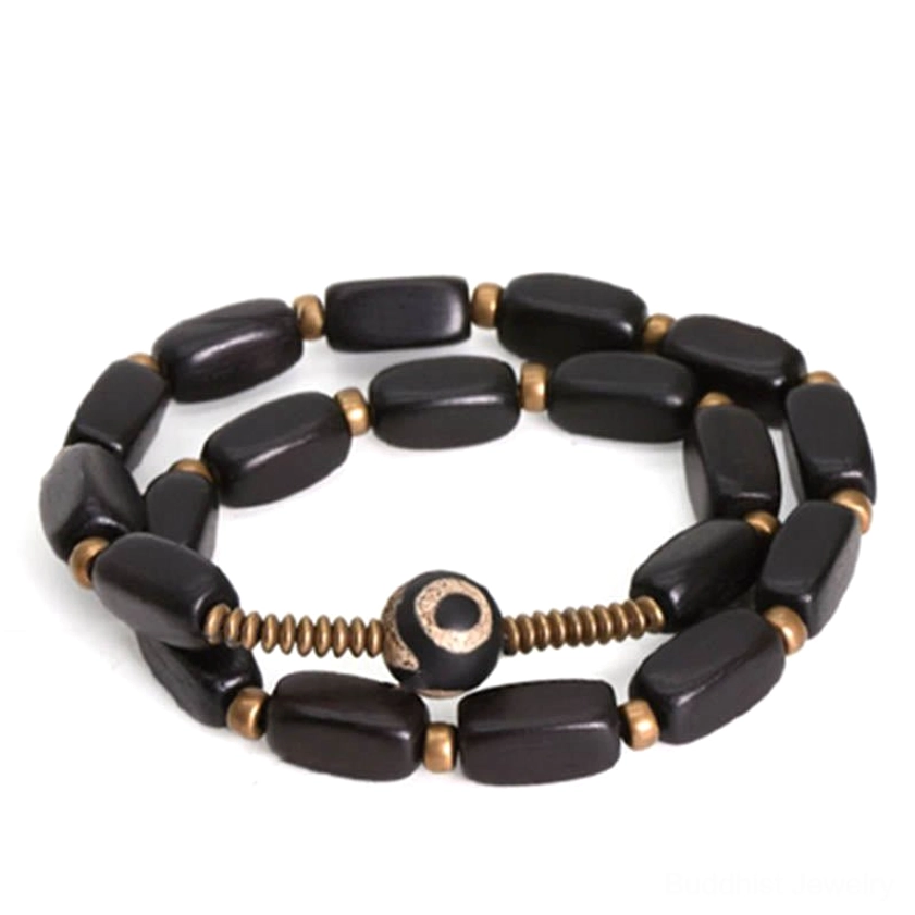 Full ebony wood dzi bead double wrap bracelet displayed on white background