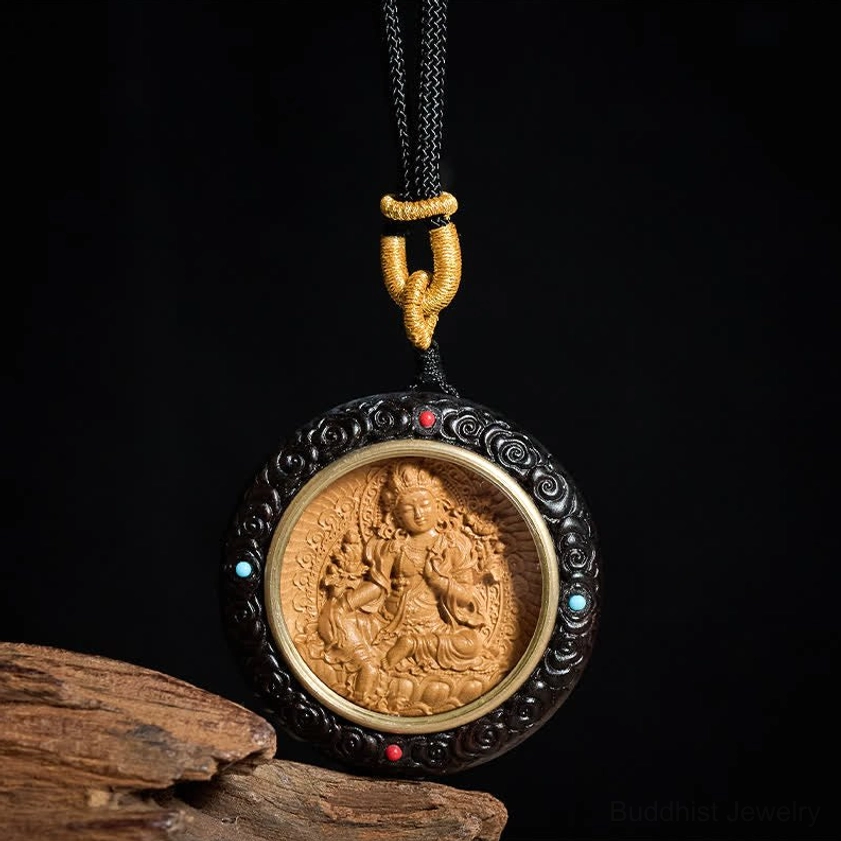 Ebony wood Green Tara Buddhist pendant necklace front view with protective deity symbolism