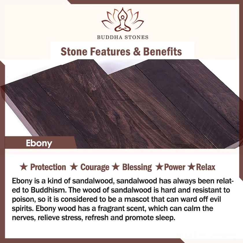 Educational infographic about ebony wood spiritual properties including protection and stress relief benefits
