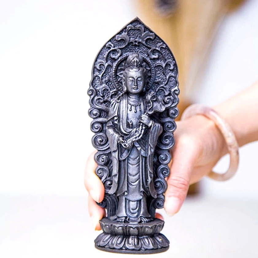 Authentic handcrafted Buddhist trinity statue in natural materials showing eco-friendly iron powder and resin composition for conscious spiritual seekers