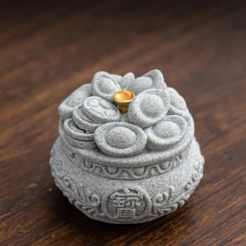 Eco-friendly sandstone incense burner with ingot decorations for spiritual practice