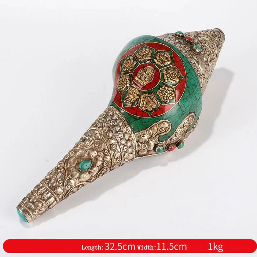 Eight Auspicious Symbols Sakyamuni Buddha conch shell with wisdom symbol and turquoise gemstone accents