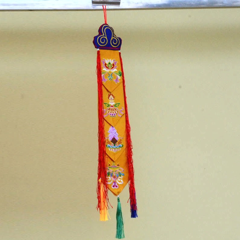 Eight Auspicious Symbols embroidered Buddhist wall tapestry with green and blue silk tassels