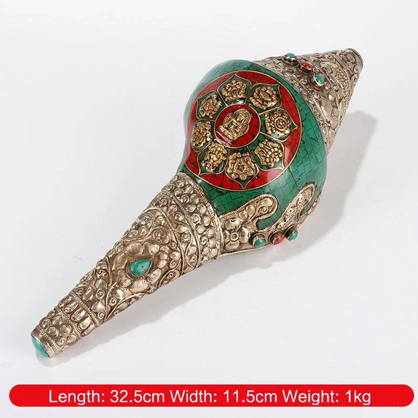 Eight Auspicious Symbols Sakyamuni Buddha engraved conch shell decoration, featuring silver carved Buddhist iconography and gemstone inlay