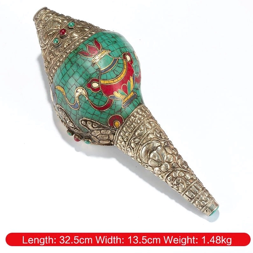 Eight Auspicious Symbols Vase style Buddhist conch shell decoration, intricately carved with silver dorje and sacred Buddhist iconography