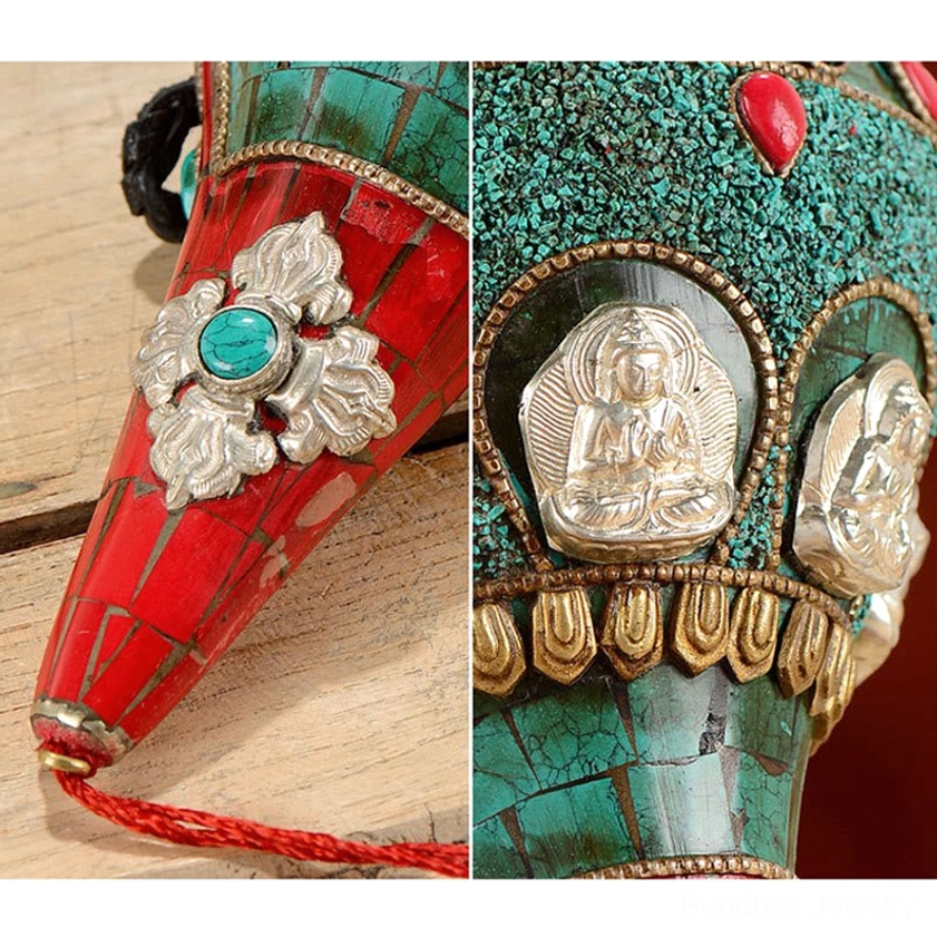Eight Auspicious Symbols Buddhist conch shell vase decoration with turquoise inlay and copper accents