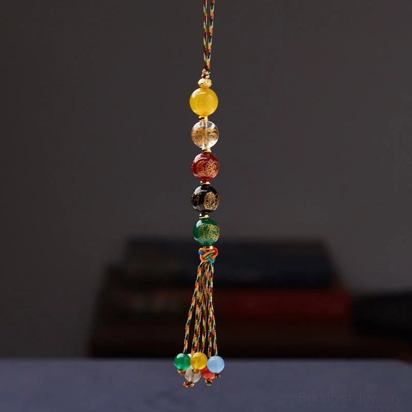 8mm agate Five God of Wealth hanging decoration close-up featuring five-color woven rope and mixed agate bead strand with tassel