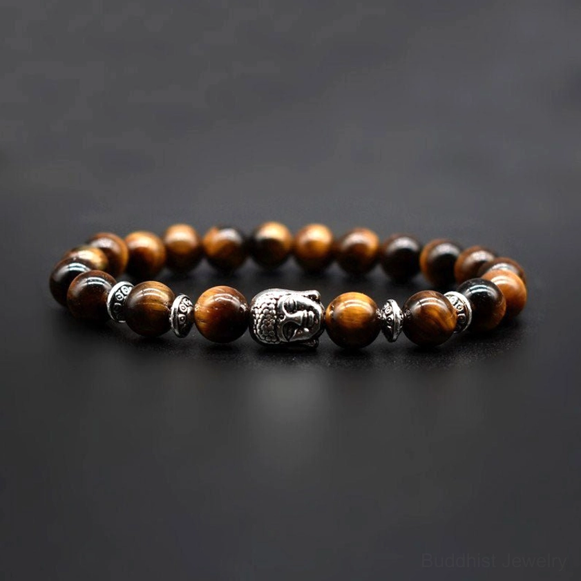 Five-stone Buddhist healing bracelet with 8mm beads arranged to show color harmony and energy balance