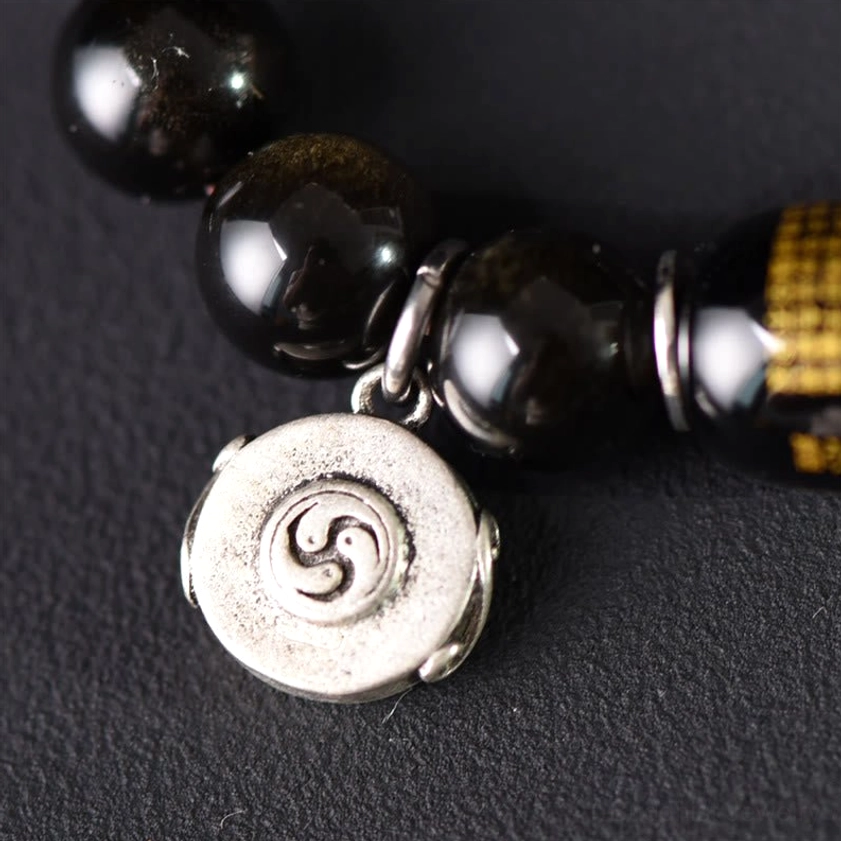 Premium elastic cord double wrap bracelet with copper accents and obsidian bead highlights