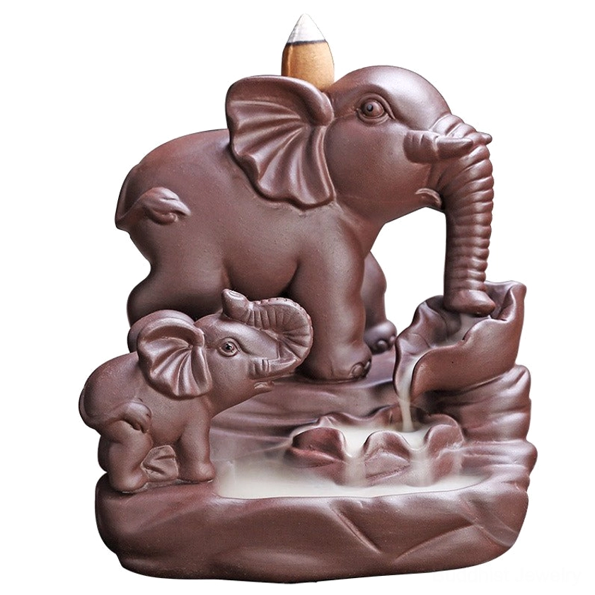 Complete double elephant purple clay backflow incense burner with active flowing smoke effect