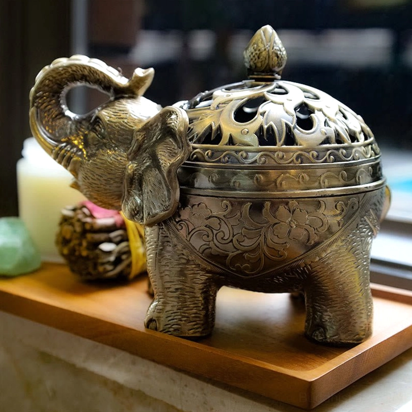 Elephant bronze incense burner spiritual altar piece for Buddhist meditation practice and mindfulness room