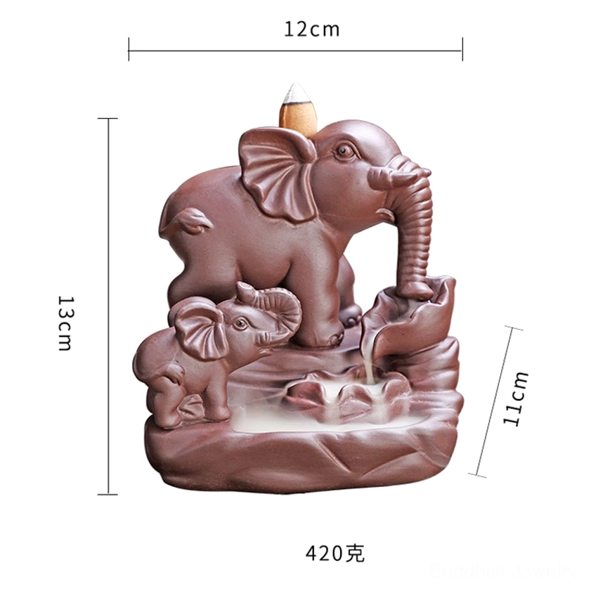 Purple clay elephant incense burner with dimension marks showing 12x13x11cm size and 420g weight