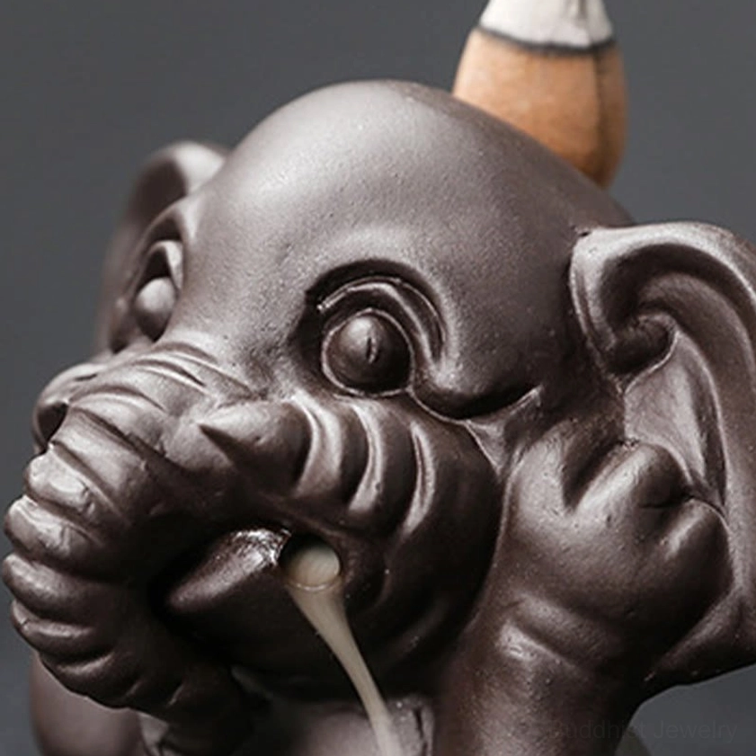 Single elephant incense burner don't listen mudra pose handcrafted purple clay ceramic display view