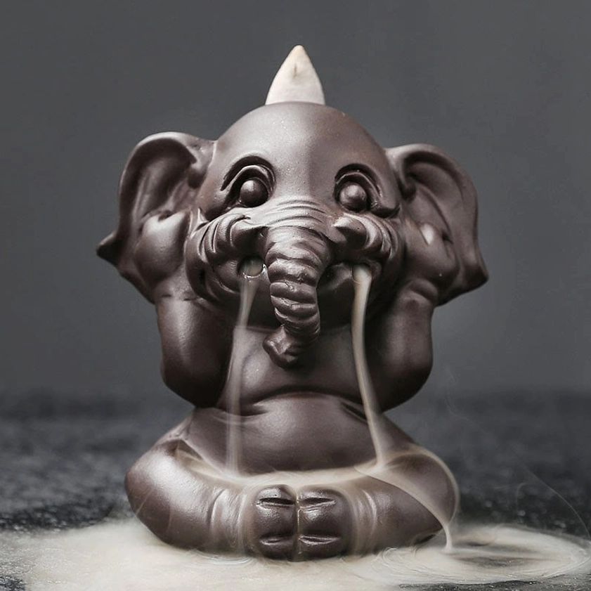 Single elephant incense burner don't look mudra pose handcrafted purple clay ceramic burner full view