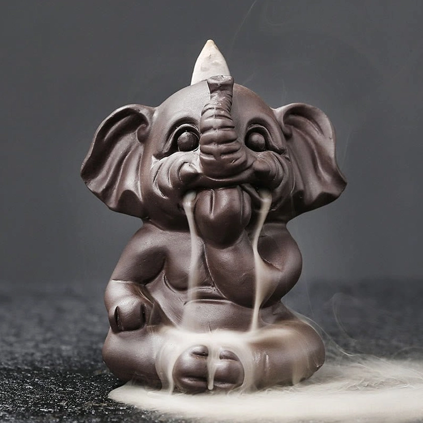Single elephant incense burner don't say mudra pose handcrafted purple clay ceramic front view