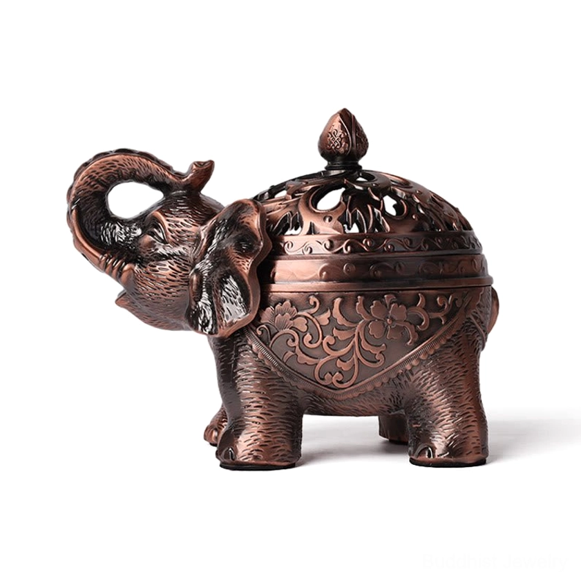 Rear view of handmade elephant incense burner displaying reddish-bronze tone and floral carved design