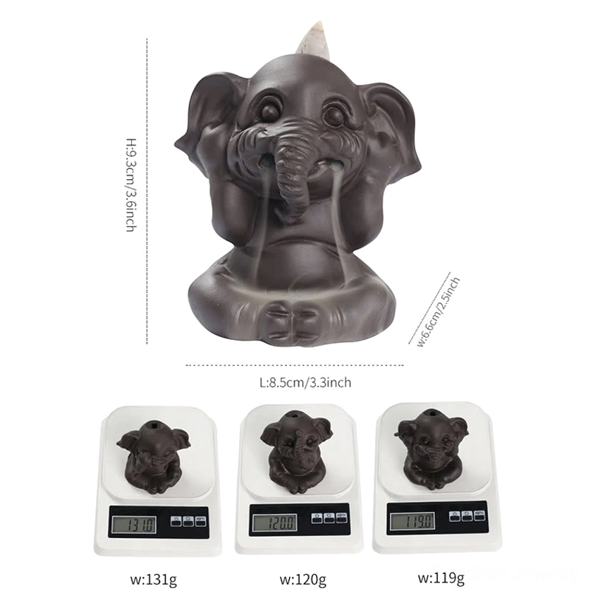 Single elephant incense burner with detailed product measurements and specifications displayed on white background product photography