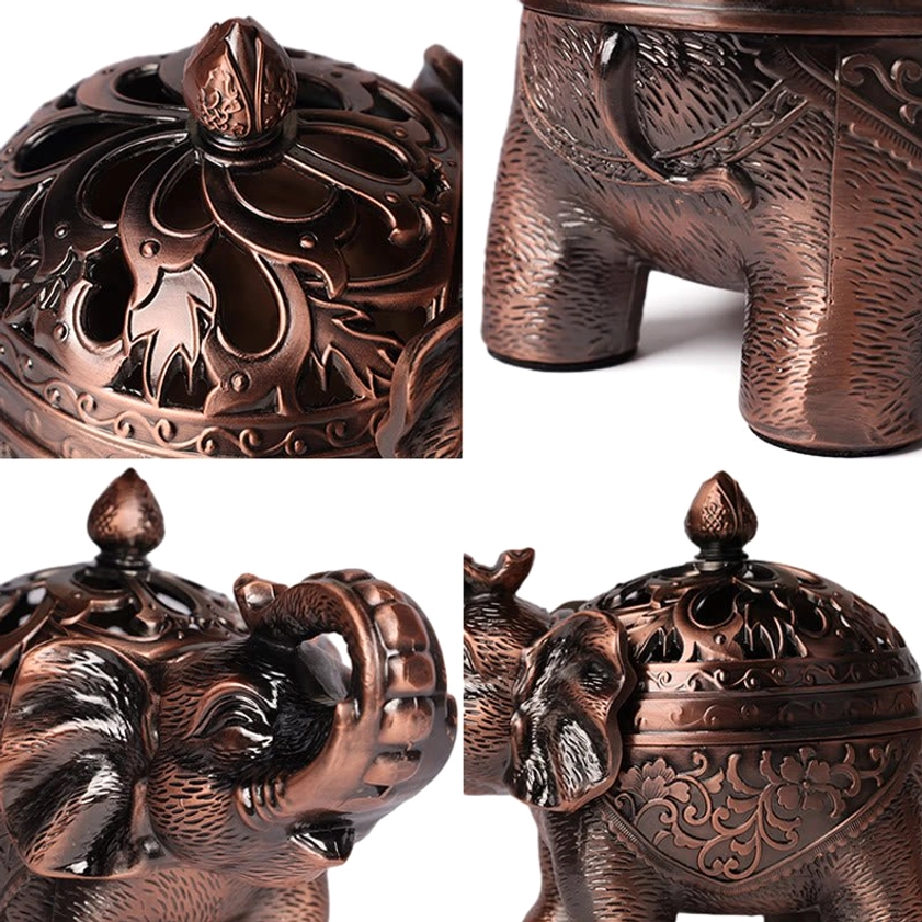 Close-up detail shots of elephant incense holder showing hollowed finial lid carving and embossed body texture patterns