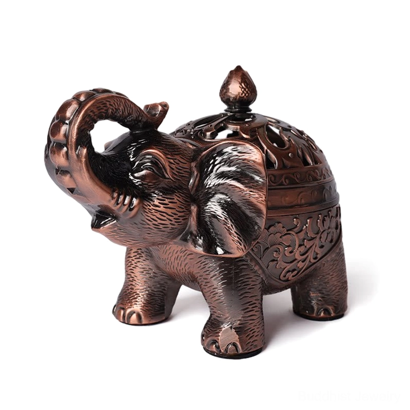 Elephant incense holder front view featuring intricate embossed floral patterns and antique bronze finish