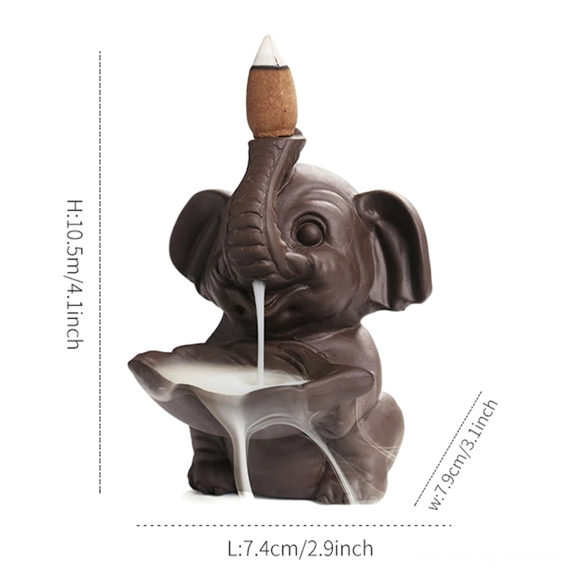 Purple clay elephant-shaped incense burner with leaf detail from multiple angles for home decor