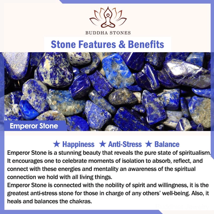 Emperor Stone crystal properties infographic, anti-stress healing stone guide, spiritual wellness and chakra balancing benefits explanation