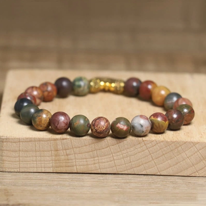 Natural Emperor Stone spiritual bracelet with lotus charm, matte mixed-tone beads and gold metal spacer rings, handmade Buddhist jewelry