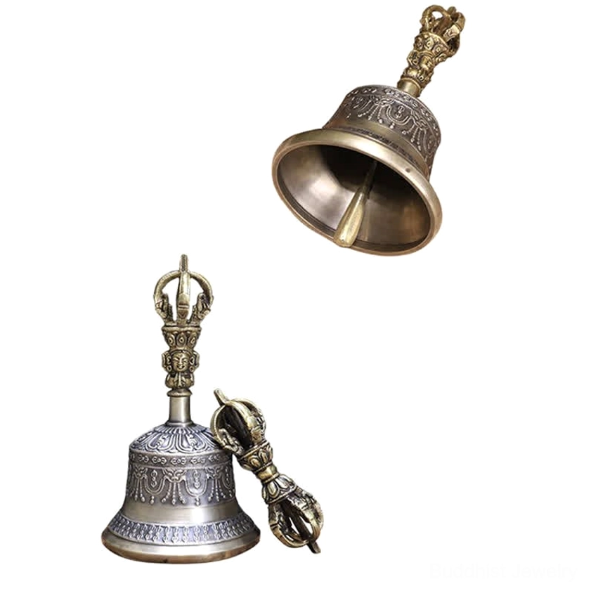 Handmade meditation bell with intricate engravings and matching vajra dorje representing five wisdoms in Buddhist practice