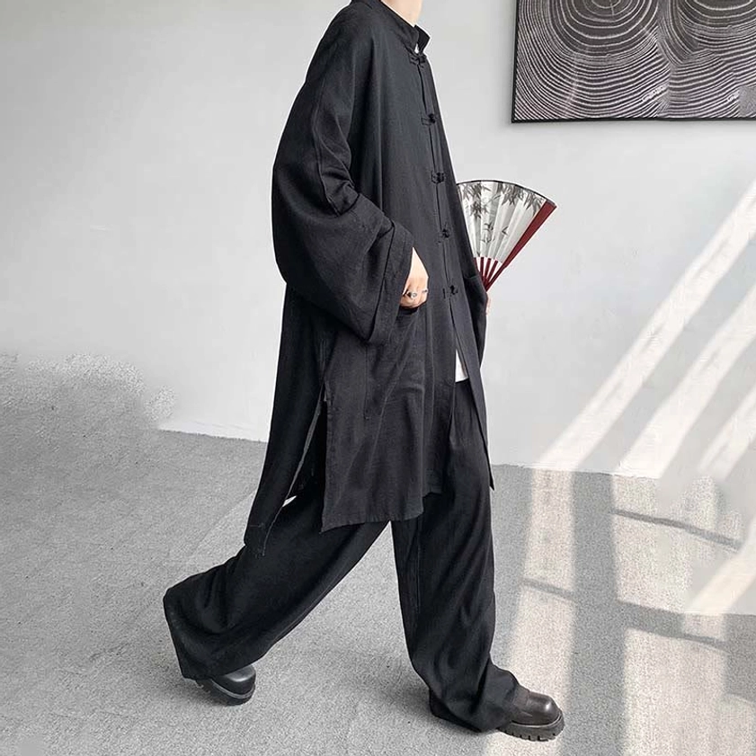 Firebrick red Buddhist zen meditation cotton outfit back view showing shirt construction