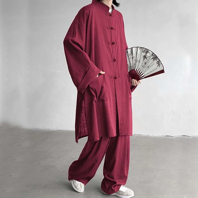 Firebrick red Buddhist meditation cotton two-piece set front view with traditional frog button shirt