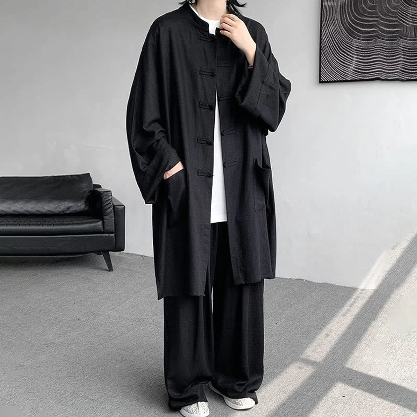 Firebrick red men's Buddhist meditation clothing set full body view with frog buttons and wide-leg pants