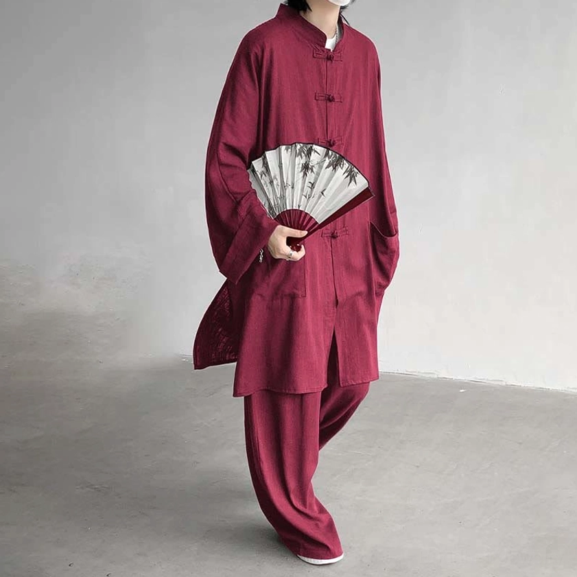 Firebrick red Buddhist zen meditation wear three-quarter view showing relaxed silhouette