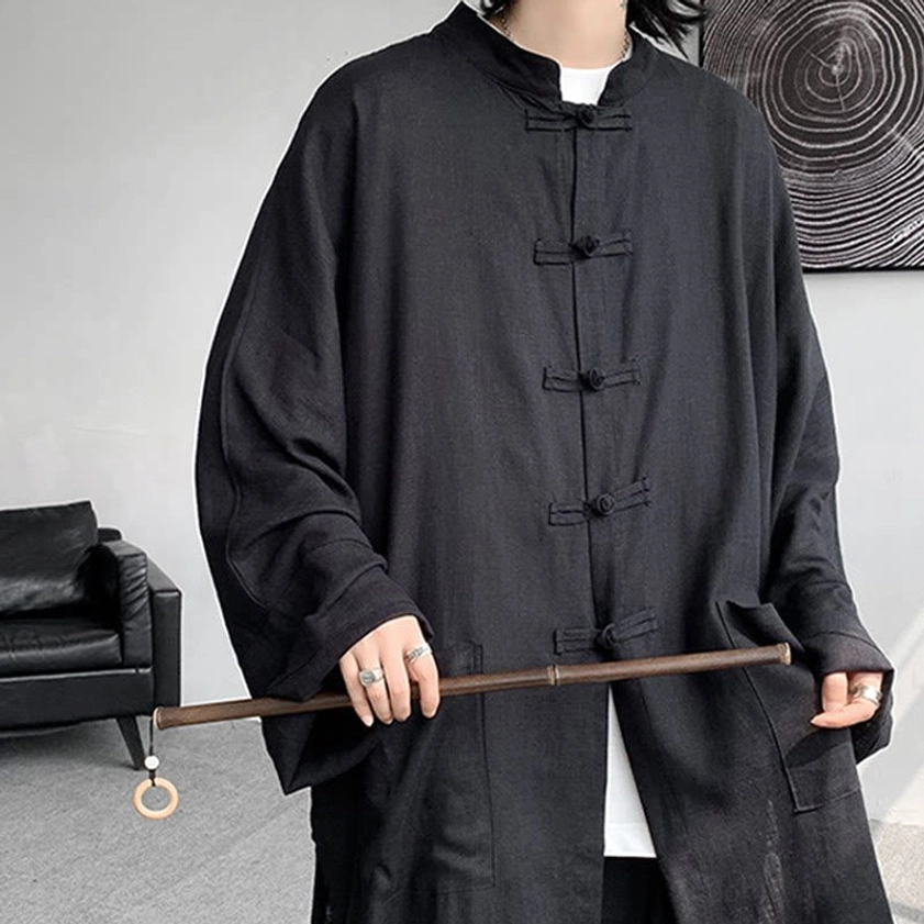 Firebrick red Buddhist meditation wear showing pocket detail and pants fit for tai chi and yoga practice