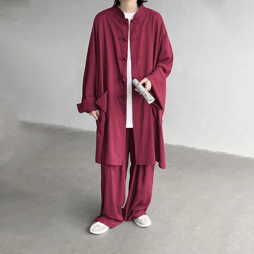 Firebrick red Buddhist meditation cotton set side profile with natural fabric drape and movement