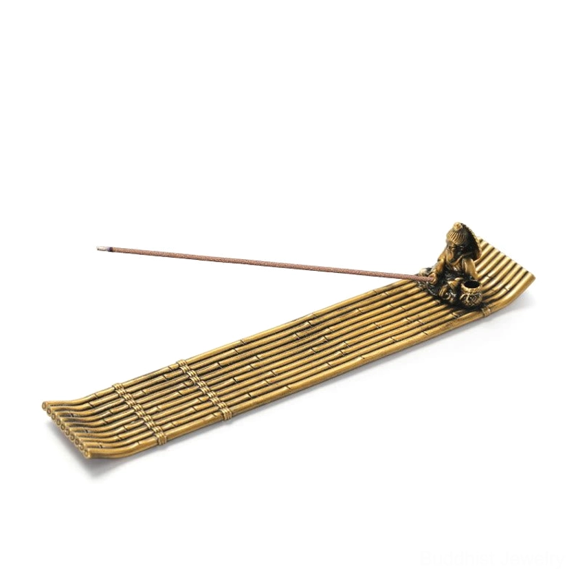 Fisherman bamboo raft Buddhist incense burner detail shot showing artisan craftsmanship and meditation-ready design