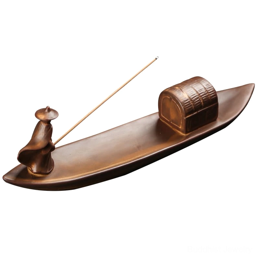 Fisherman boat incense burner with size specification markings on white background, dimensions display