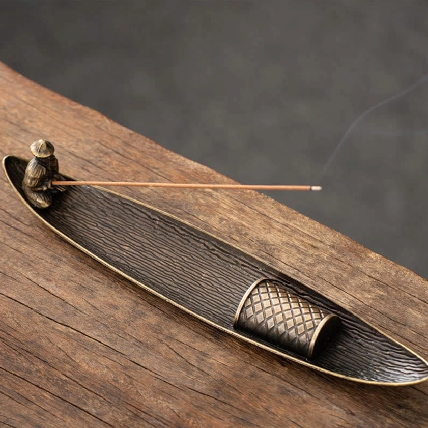 Fisherman boat incense holder without koi fish in antique bronze finish, showing artisan handmade details