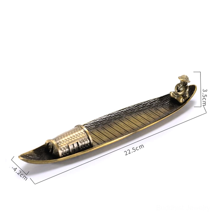 Incense holder with dimension measurements showing 22.5cm length bronze fishing boat design