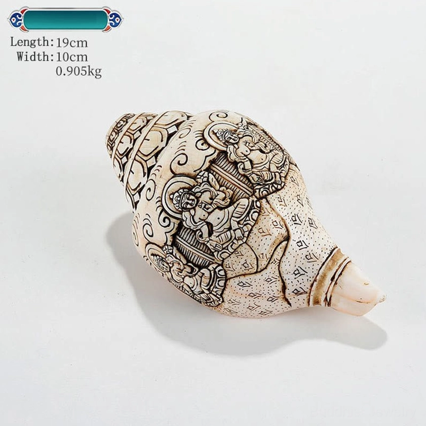 Five Buddhas Engraved Tibetan Buddhist Conch Shell Sculpture with Multiple Deity Representations