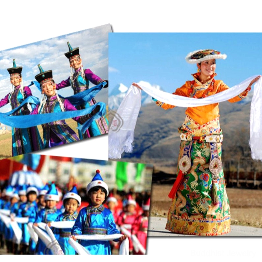 Five-color blessing khata scarf set with natural background showing authentic Buddhist traditional ceremonial textile