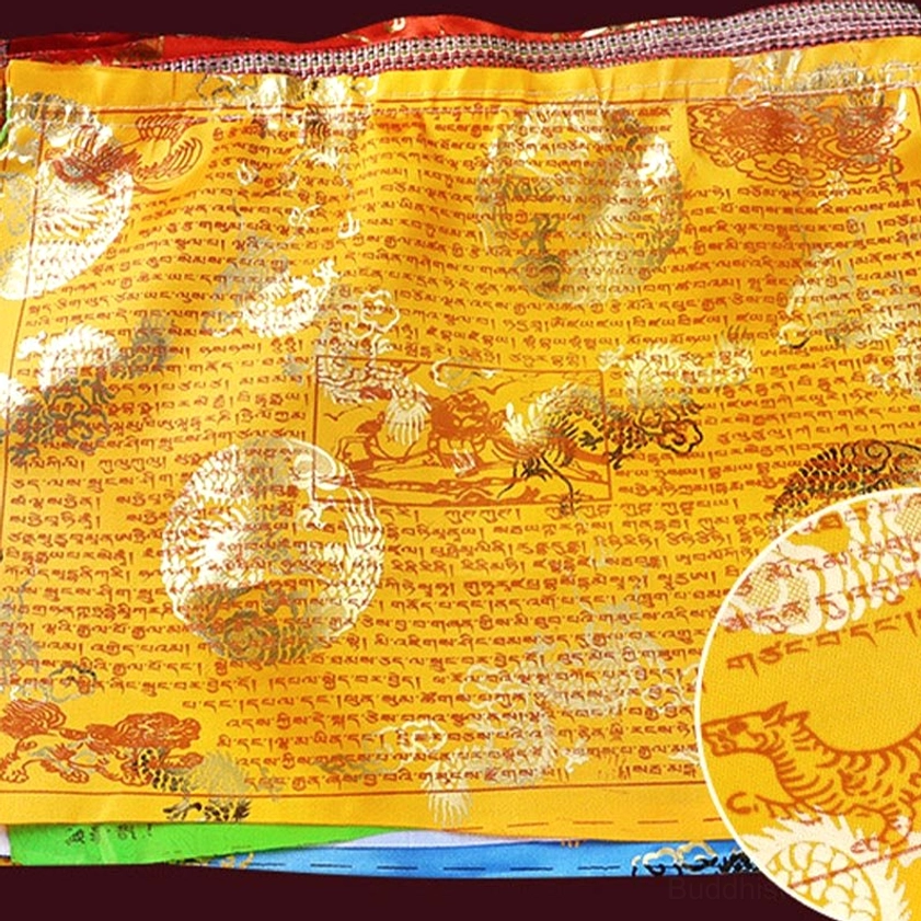 5-color Buddhist prayer flags set showing all five sacred colors in five elements arrangement