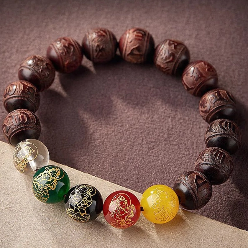 Complete Five Directions Wealth God bracelet loop displayed flat showing all gemstone and wooden bead composition