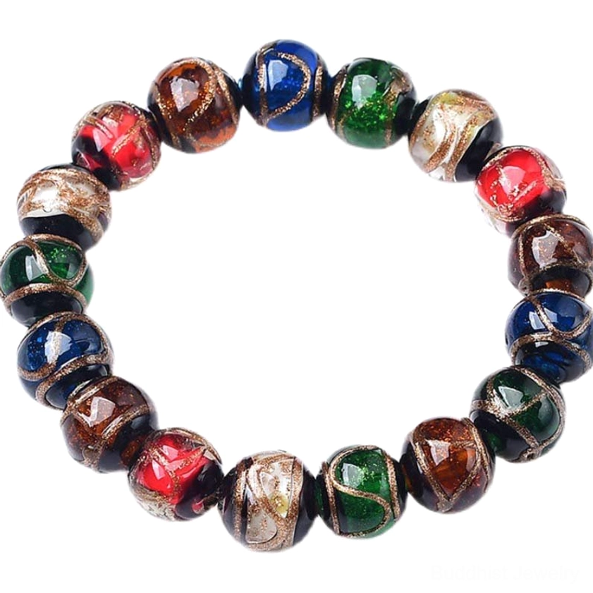 Handmade Buddhist liuli glass bead bracelet with five-element colors displayed overhead