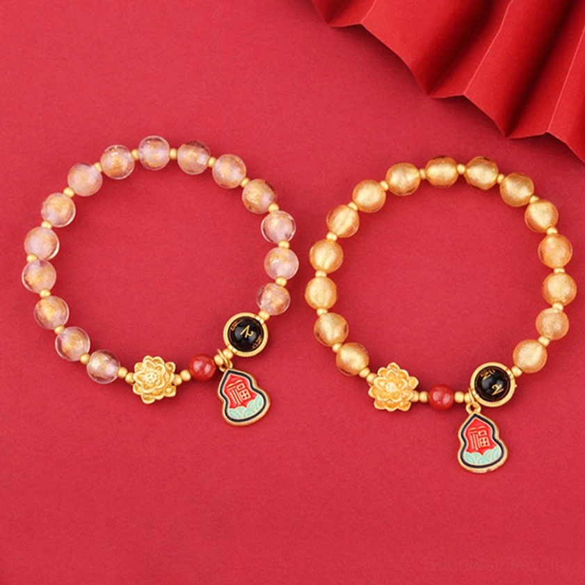 Handmade Buddhist bracelet with five element Liuli glass colors representing harmony and spiritual protection