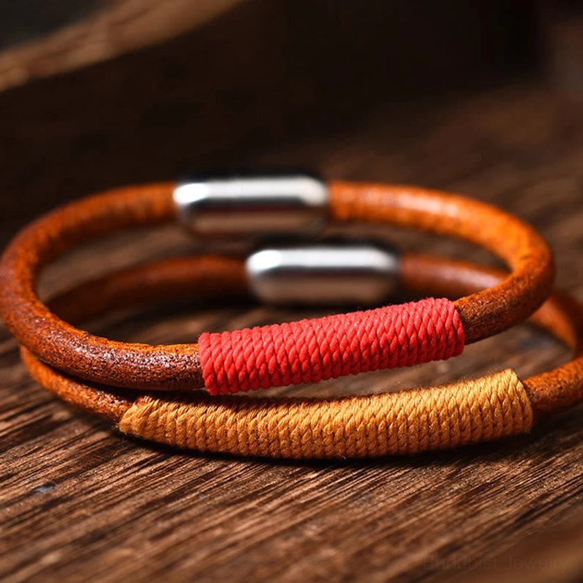 Buddhist five elements leather bracelet close-up highlighting premium natural leather material and woven accent