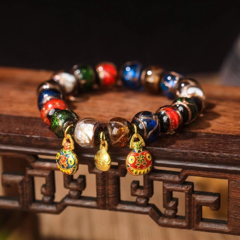Traditional Five Elements charm Liuli glass bead bracelet with yellow flower enamel pendant, gold bell, and red charm – Buddhist protection